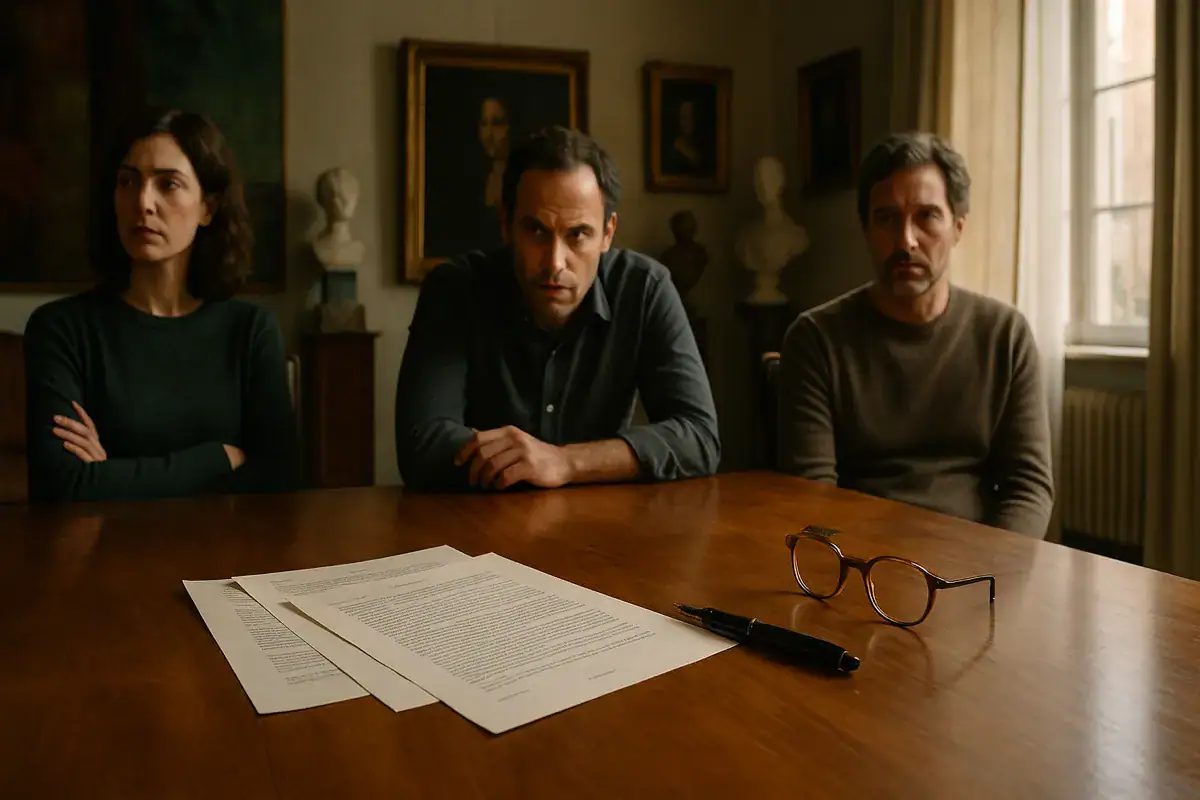 Eredità e opere d'arte: come proteggere la collezione di famiglia dai conflitti tra eredi. eredità opere d’arte: riunione familiare tesa attorno a un tavolo con documenti legali e opere d’arte sullo sfondo.