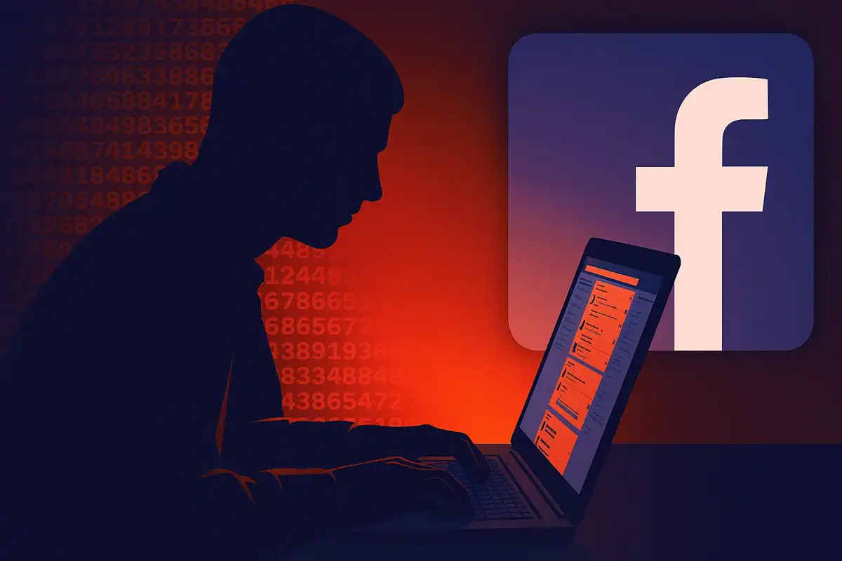 inviti Meta ingannevoli silhouette utente al computer su sfondo Facebook