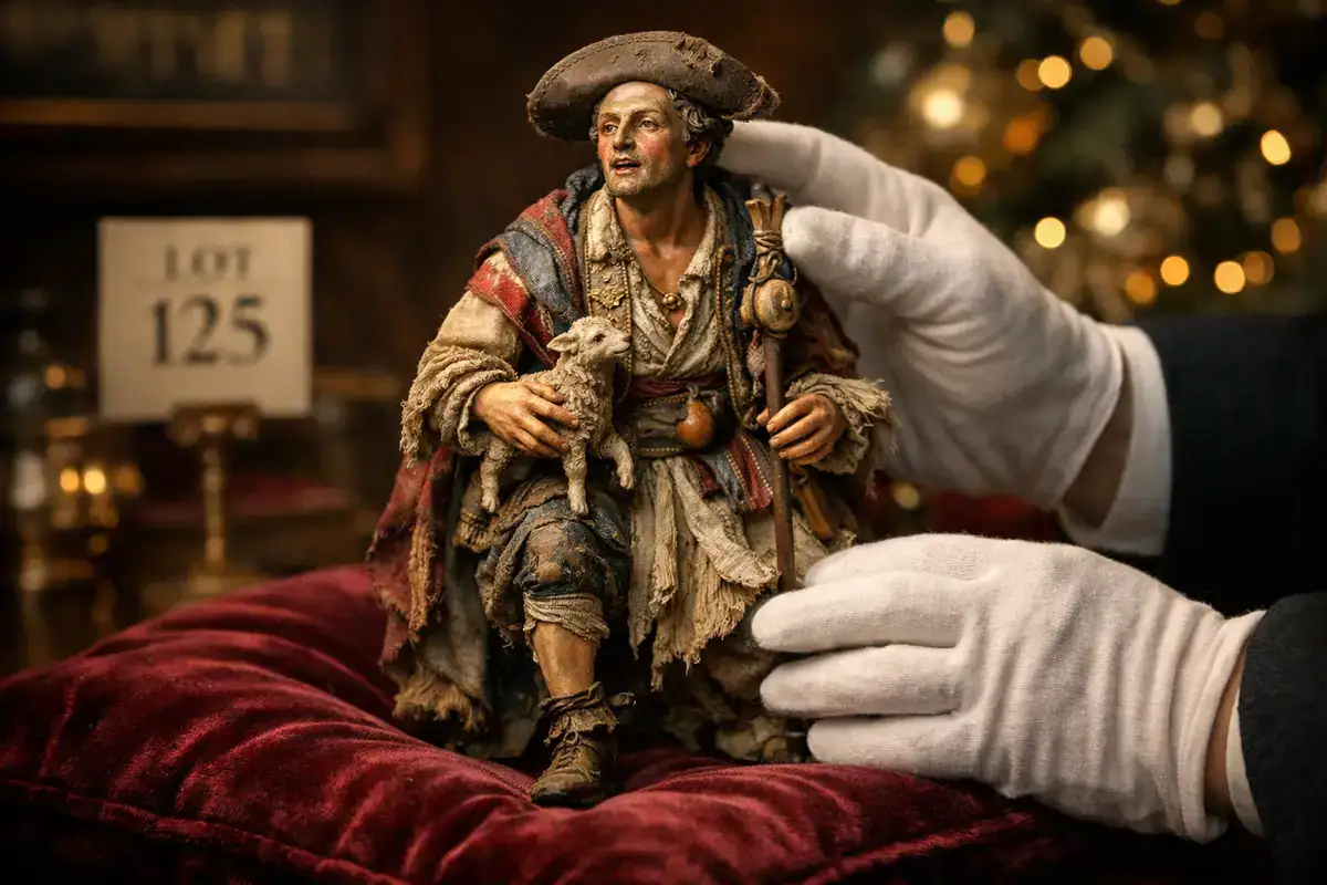 Quando il presepe napoletano vale più di un Picasso: l'economia dell'arte natalizia. Mercato dell’arte natalizia pastore del presepe napoletano del XVIII secolo esaminato da un perito d’arte con guanti bianchi su cuscino in velluto bordeaux in ambiente d’asta di lusso.