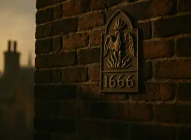 origine dell’assicurazione moderna – targa storica antincendio del 1666 su muro in mattoni del XVII secolo illuminato dalla golden hour.