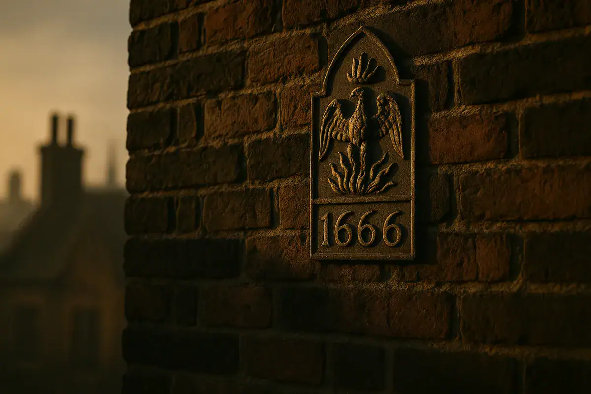 Grande Incendio di Londra: la catastrofe che inventò l'assicurazione moderna. origine dell’assicurazione moderna – targa storica antincendio del 1666 su muro in mattoni del XVII secolo illuminato dalla golden hour.