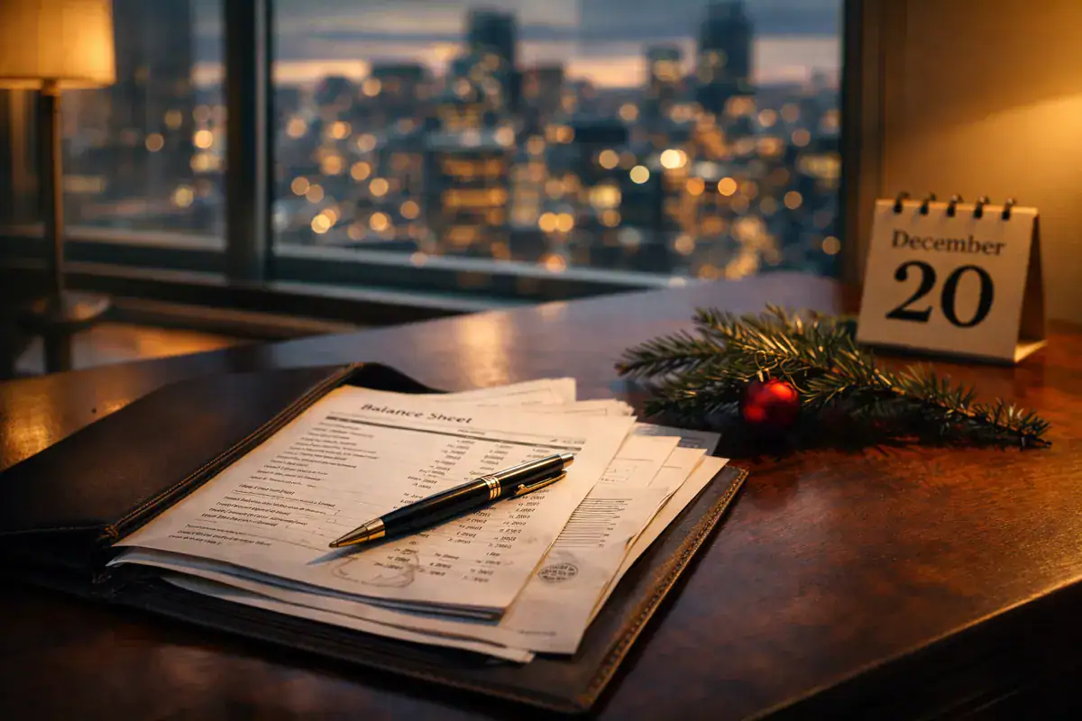 Il tempo sospeso delle feste e le decisioni che rimandiamo. Procrastinazione finanziaria su scrivania executive con portadocumenti in pelle, bilanci e contratti aperti, penna stilografica e calendario di dicembre, con skyline urbano al crepuscolo sullo sfondo.