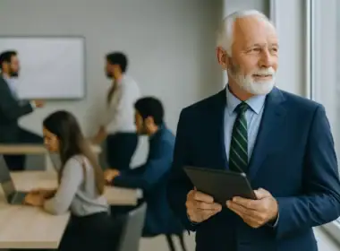 ricongiunzione gestione separata 2025 dirigente senior in abito blu guarda fuori dalla finestra mentre un team lavora in un ufficio moderno.