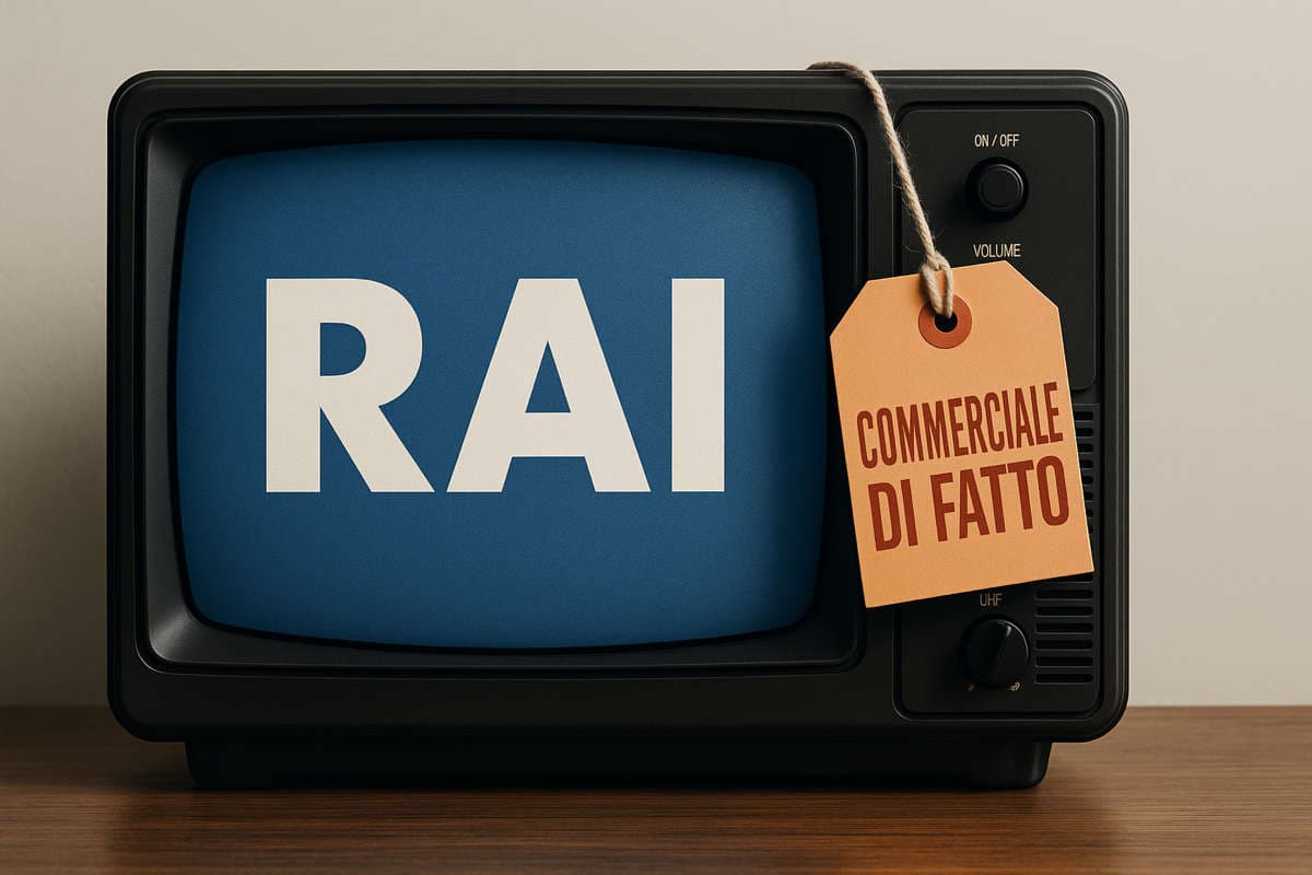 Vecchio televisore con logo RAI e cartellino che simboleggia il servizio pubblico RAI trasformato in televisione commerciale.