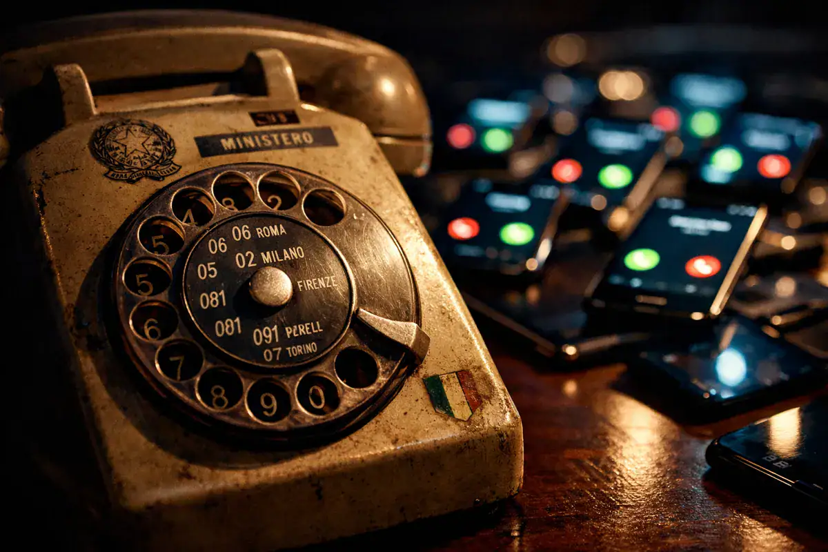 Spam telefonico rappresentato da un telefono a disco vintage istituzionale in primo piano, con smartphone moderni sfocati sullo sfondo che mostrano chiamate in arrivo.