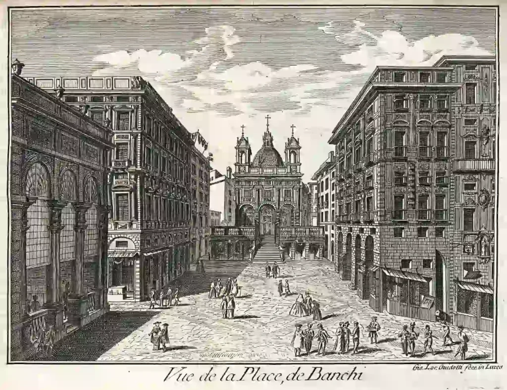 San Pietro in Banchi a Genova: lo spirito commerciale al servizio di una causa giusta. San Pietro in Banchi a Genova: lo spirito commerciale al servizio di una causa giusta. San Pietro in Banchi a Genova racconta l'unione tra commercio e spiritualità: una chiesa rinascimentale costruita nel 1585 sopra botteghe che autofinanziarono l'opera. Nella vicina Piazza Banchi nacque nel 1855 la prima Borsa Valori d'Italia, preceduta dalla Loggia dei Mercanti del 1590.