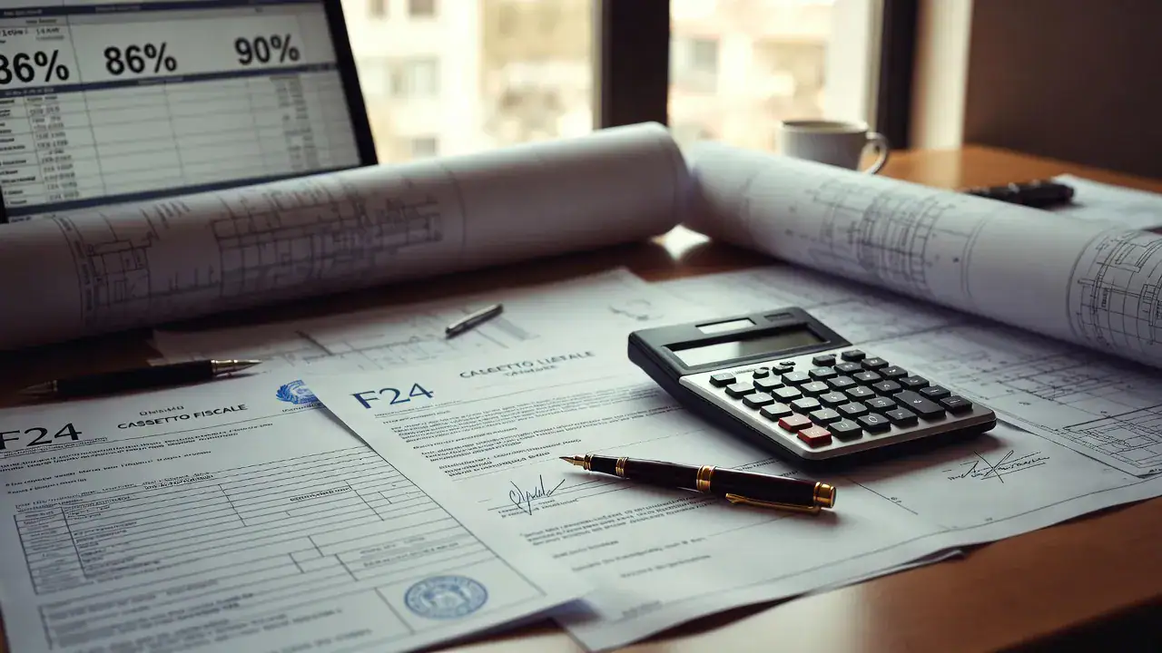 Cessione crediti fiscali 2026: documenti F24, planimetrie edilizie e quotazioni percentuali su desk professionale.