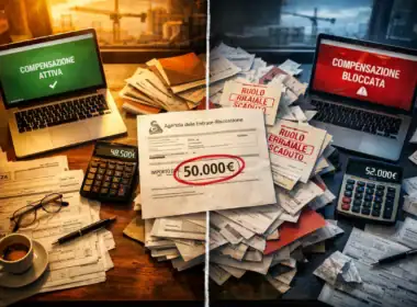 Compensazione crediti fiscali 2026: confronto visivo tra soglia 50.000 euro attiva e bloccata su scrivania commercialista.
