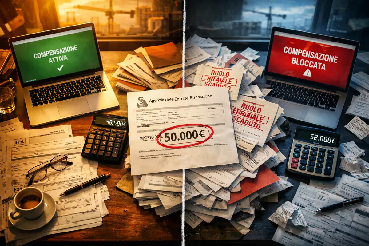 Compensazione crediti fiscali 2026: confronto visivo tra soglia 50.000 euro attiva e bloccata su scrivania commercialista.