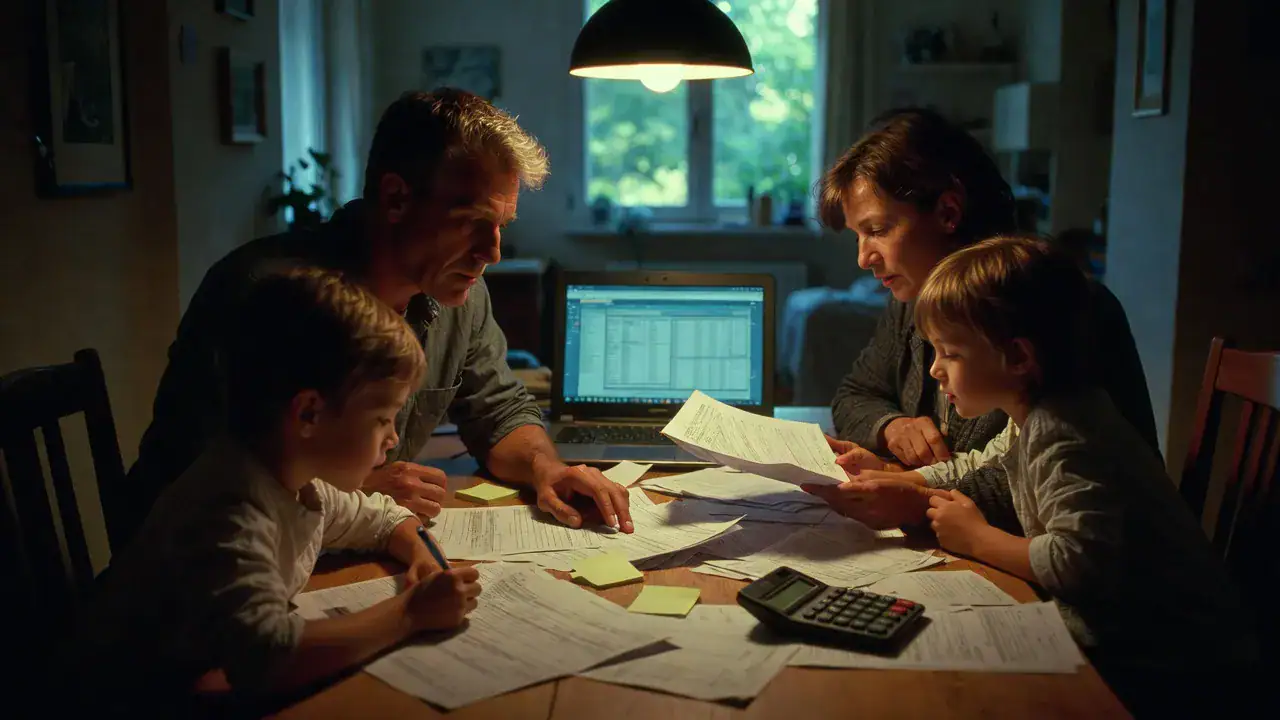 Detrazioni fiscali 2026 quoziente familiare: famiglia italiana con figli esamina documenti fiscali e calcoli al tavolo.