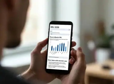 IMU 2026 visualizzata su smartphone con grafico delle nuove aliquote e riferimento alla riduzione delle tasse sulle seconde case.