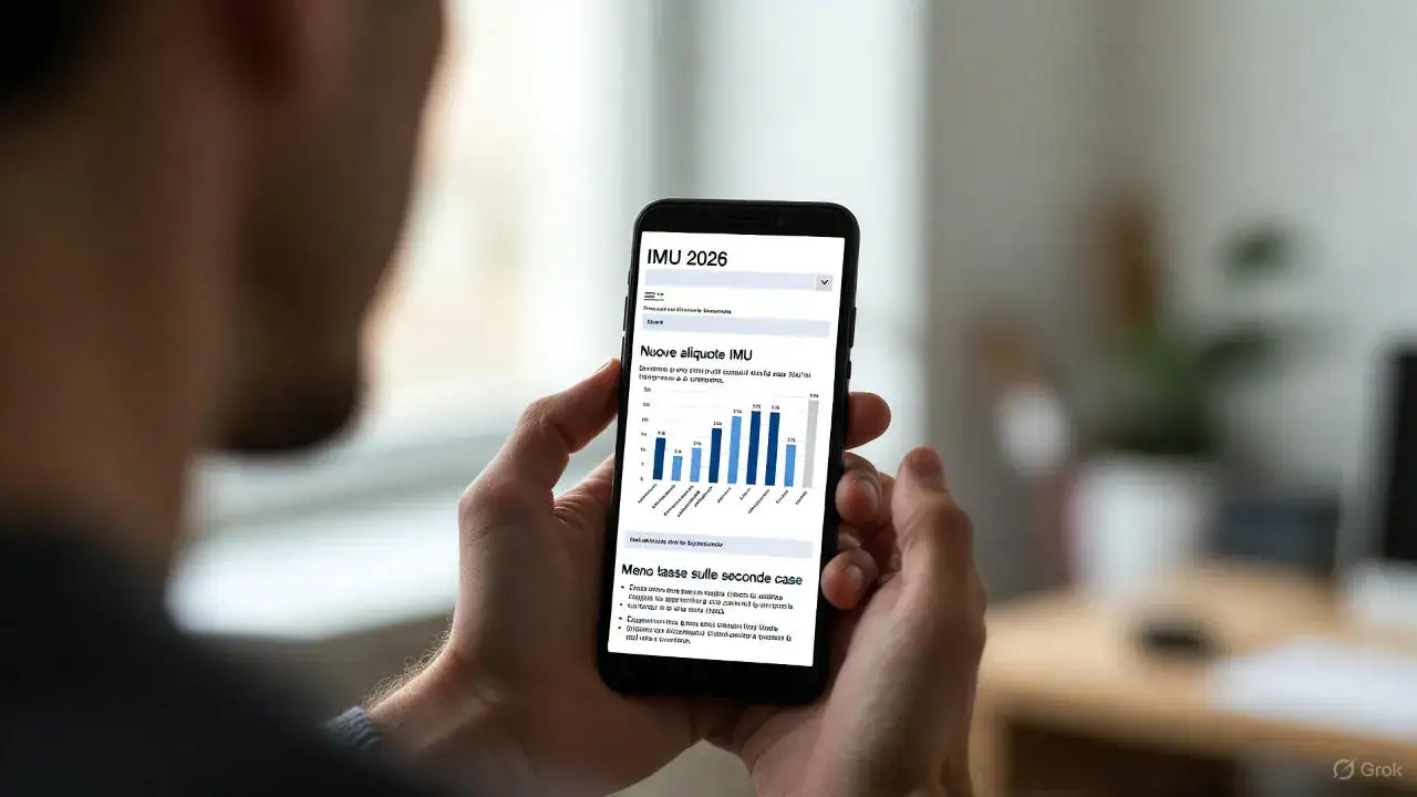 IMU 2026 visualizzata su smartphone con grafico delle nuove aliquote e riferimento alla riduzione delle tasse sulle seconde case.