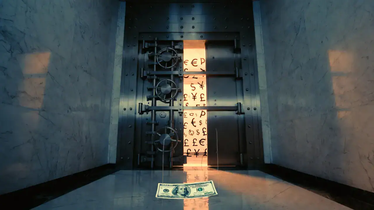 Linee SWAP Fed: caveau bancario con simboli valute internazionali e banconota dollaro in primo piano