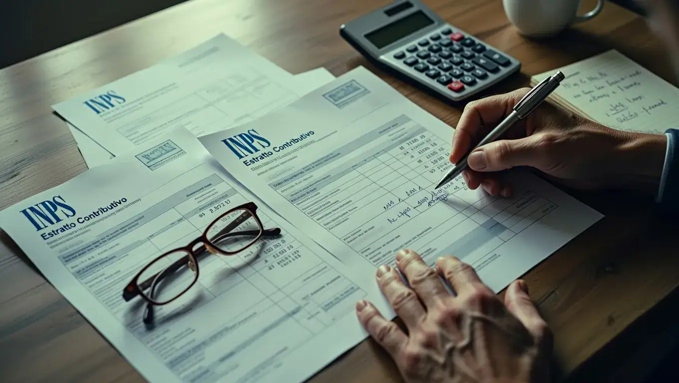 NASPI e pensione: mani che analizzano estratto contributivo INPS con calcolatrice e occhiali su scrivania