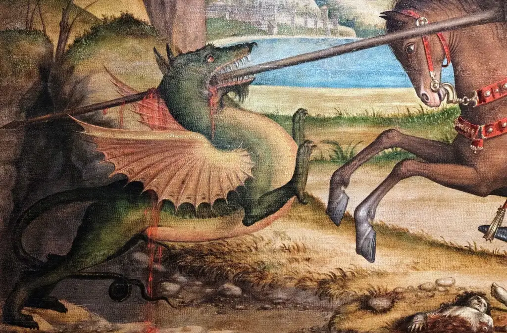 San Giorgio trafigge il drago con la lancia in un dipinto rinascimentale.