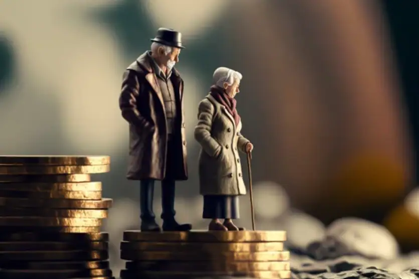 Storia della previdenza italiana: coppia di anziani su monete simboleggia pensioni e sicurezza sociale