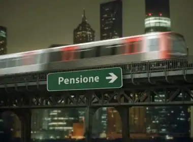 Fondi pensione complementari: cartello stradale pensione con treno in movimento simboleggia percorso previdenziale