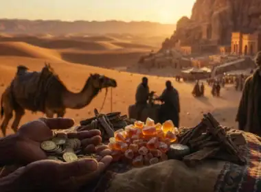 Re Magi economia: oro, incenso e mirra sulla Via dell'Incenso con carovana desertica.