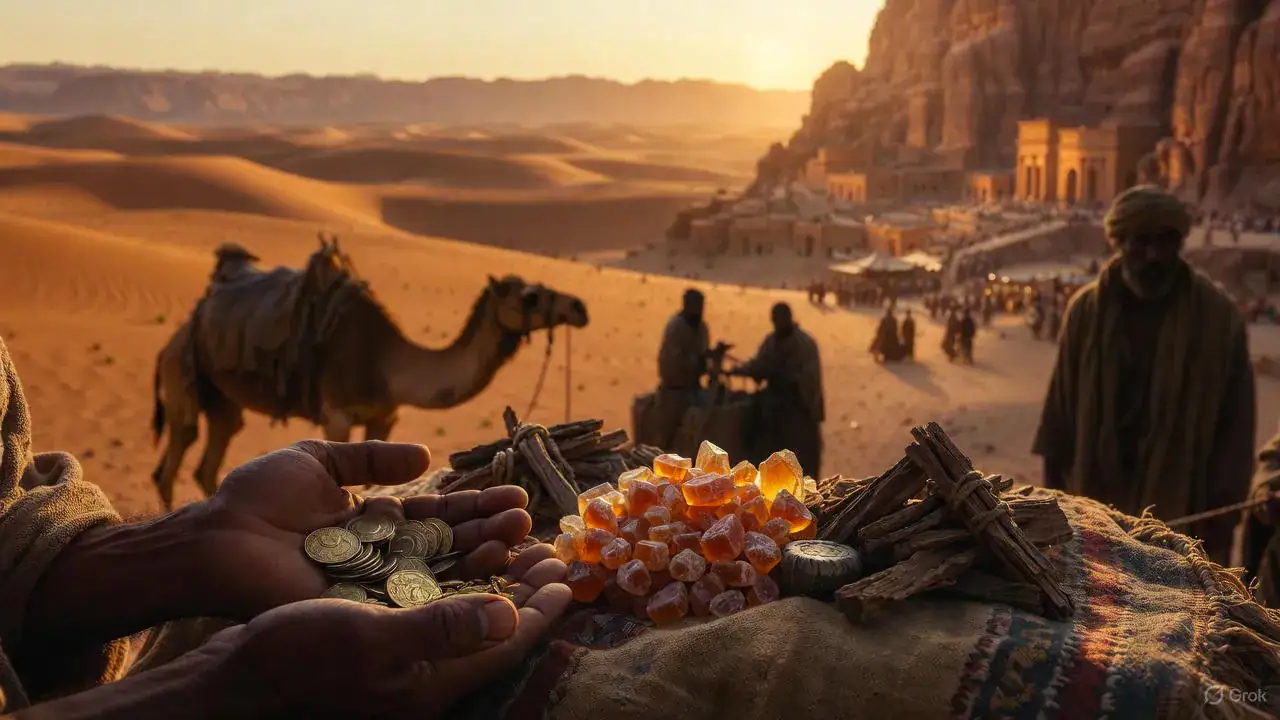 I Re Magi e le prime rotte del capitale. Re Magi economia: oro, incenso e mirra sulla Via dell'Incenso con carovana desertica.