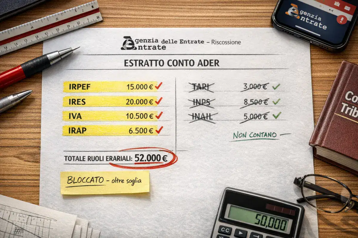 Ruoli erariali compensazione 2026: estratto conto ADER con distinzione imposte erariali evidenziate vs INPS INAIL TARI esclusi dalla soglia 50.000 euro