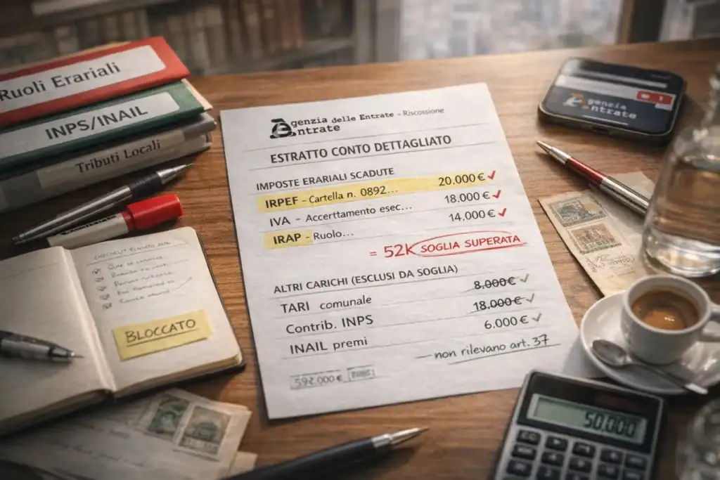Compensazione crediti 2026: la norma che cambia tutto (e la distinzione che salva). Compensazione crediti 2026: la norma che cambia tutto (e la distinzione che salva). La soglia ruoli erariali compensazione scende a 50.000€. Cruciale: solo carichi erariali scaduti (IRPEF, IRES, IVA, IRAP) contano. Esclusi INPS, INAIL, tributi locali. Checklist operativa per verificare posizione ADER e evitare blocco F24. La distinzione tecnica che decide chi può compensare.