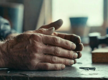 Ape sociale 2026: mani di lavoratore anziano su banco di lavoro durante pausa, concetto di prepensionamento e tutele sociali.