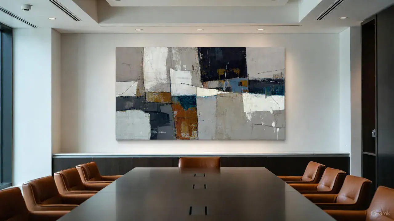La collezione come biglietto da visita: cosa comunica la tua arte a chi fa affari con te. Collezione arte aziendale con dipinto astratto contemporaneo in sala riunioni corporate.