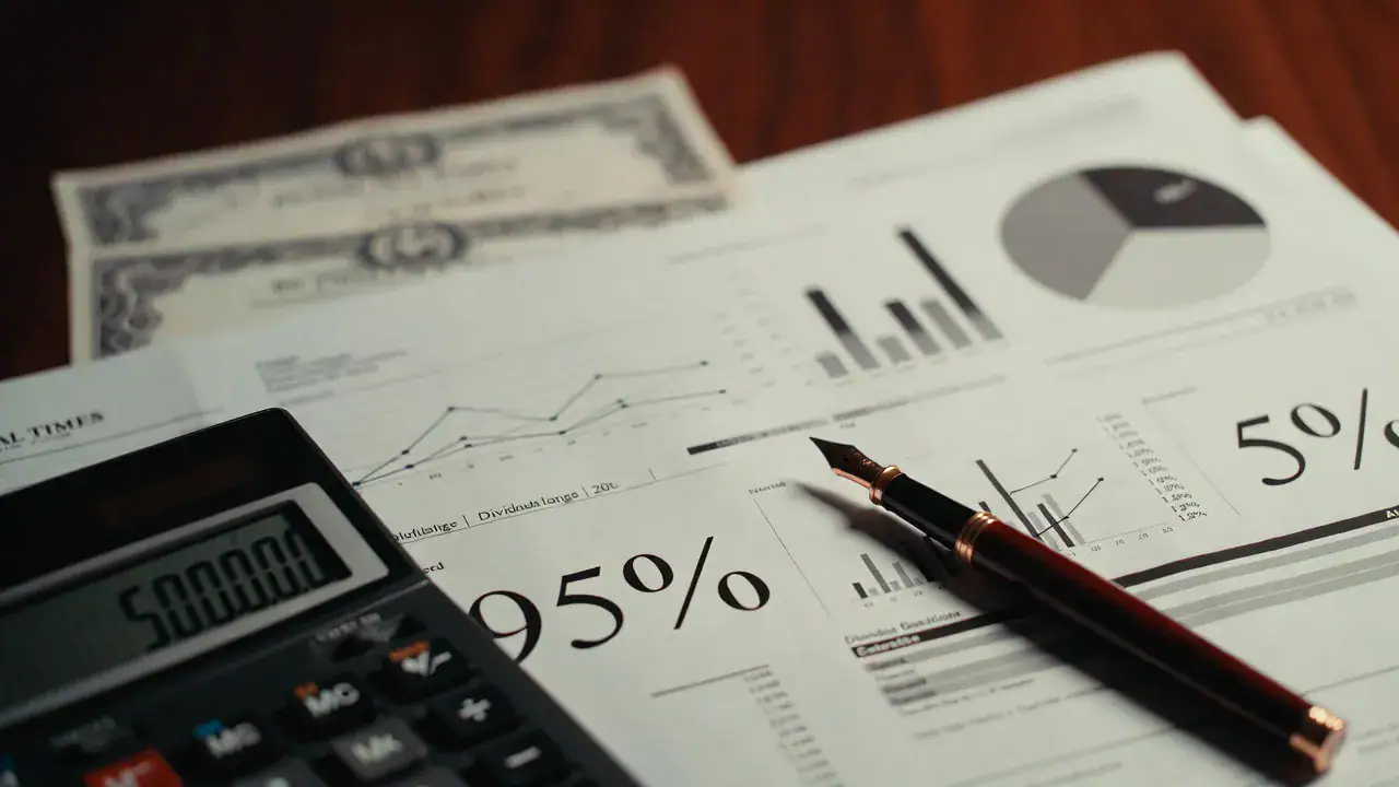 Dividendi sotto la lente del Fisco: stretta sulle partecipazioni minori. Esenzione dividendi 95%: documenti finanziari con percentuali, calcolatrice e penna su scrivania.