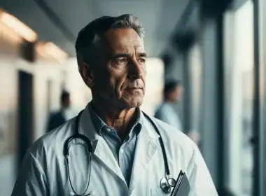 Età pensione medici pubblici: medico dipendente pubblico maturo in camice bianco riflette sul proprio futuro pensionistico.