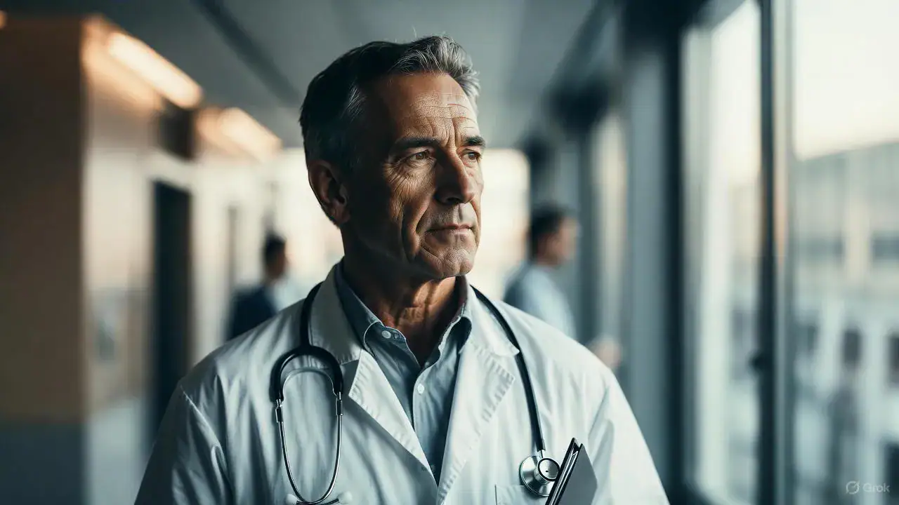 Età pensione medici pubblici: medico dipendente pubblico maturo in camice bianco riflette sul proprio futuro pensionistico.