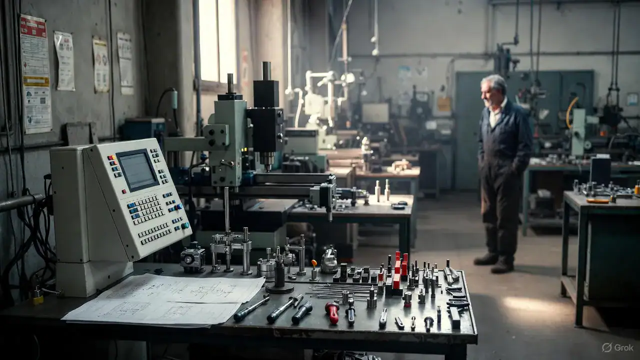 Mestieri introvabili PMI: officina italiana con macchinari CNC e operaio specializzato anziano, simbolo del gap generazionale nelle competenze tecniche