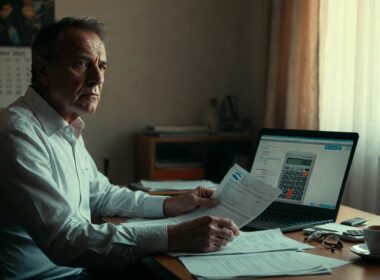 Quota 103 nel 2026: professionista italiano sessantenne valuta documenti pensionistici INPS con calcolatrice digitale su laptop.