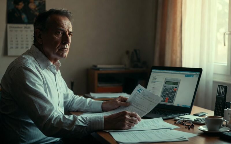 Quota 103 nel 2026: professionista italiano sessantenne valuta documenti pensionistici INPS con calcolatrice digitale su laptop.