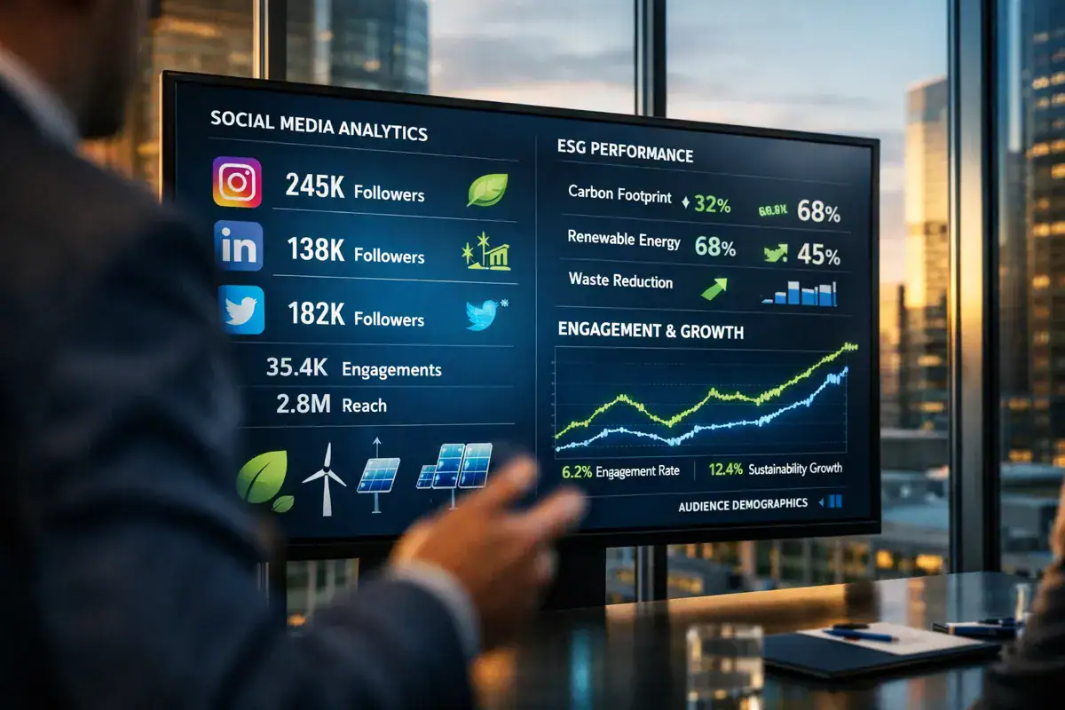 Reputazione ESG: dashboard con analytics social media e metriche sostenibilità in sala riunioni corporate.
