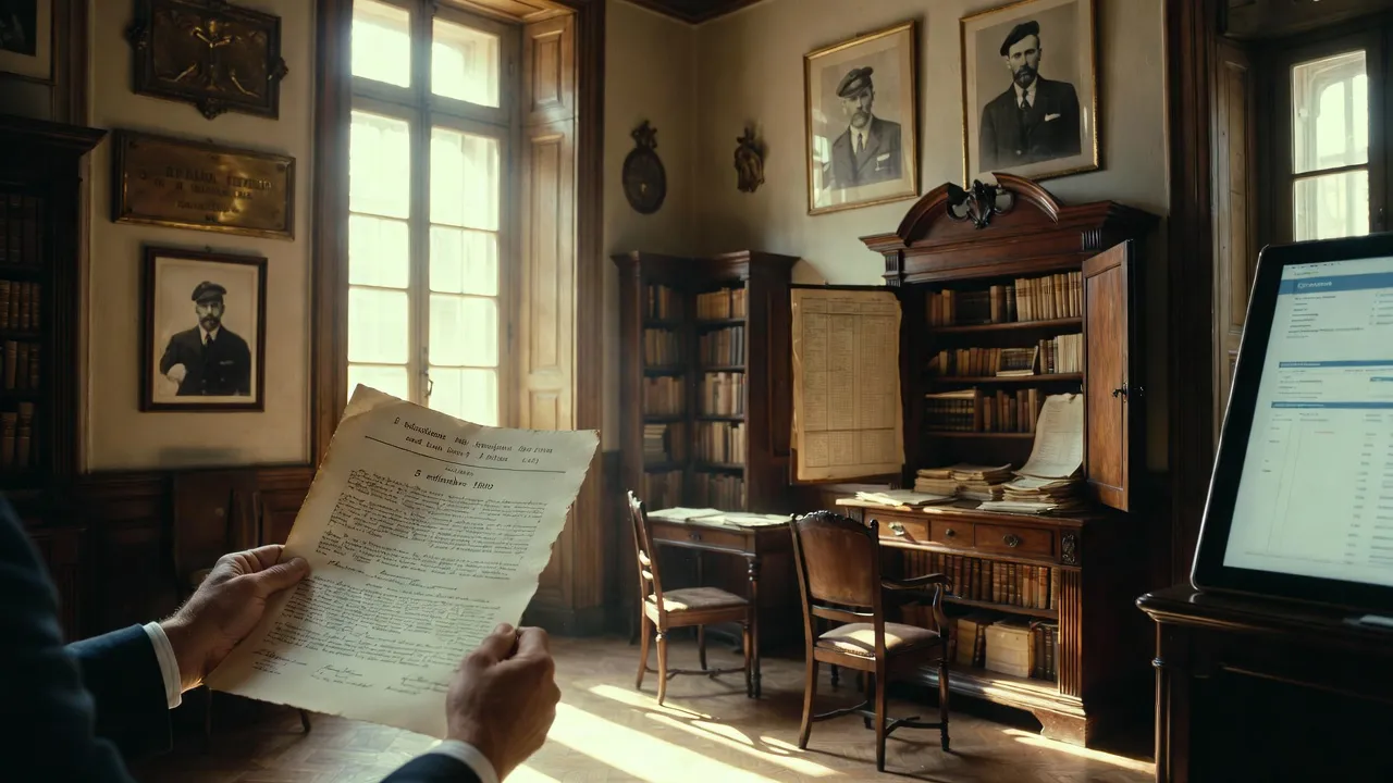 Documento storico del 5 settembre 1900 della Federazione Italiana Mutualità Integrativa Volontaria in archivio storico con tablet moderno.