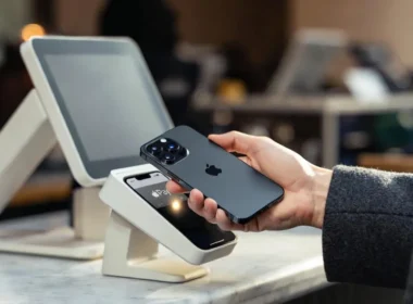 Wallet digitali cosa sono: pagamento contactless con iPhone e Apple Pay presso terminale POS in caffetteria.