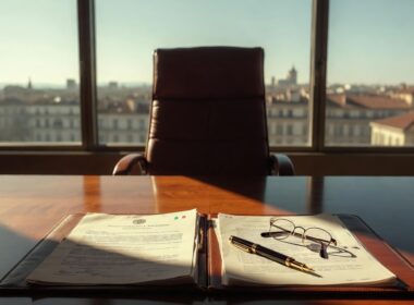 Polizza D&O amministratori: sala consiglio con documenti legali, penna stilografica e occhiali su tavolo executive