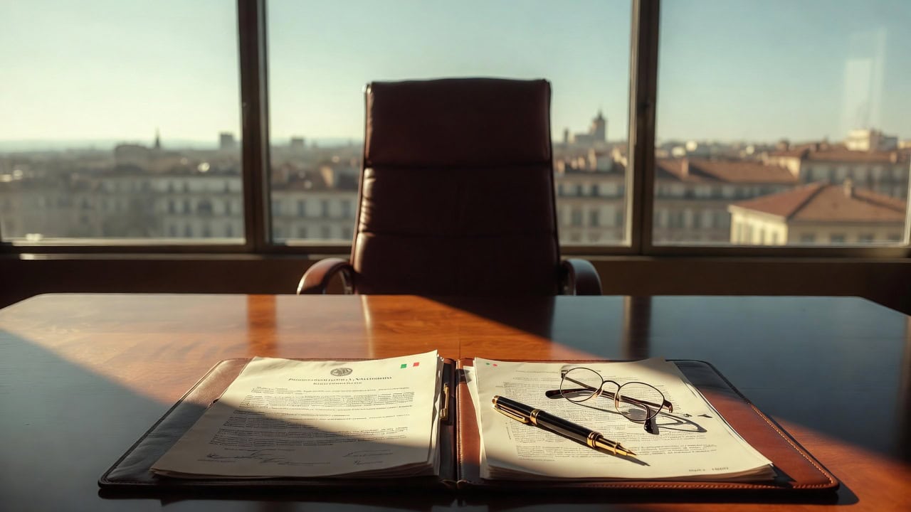 Polizza D&O amministratori: quando la copertura standard non basta. Polizza D&O amministratori: sala consiglio con documenti legali, penna stilografica e occhiali su tavolo executive