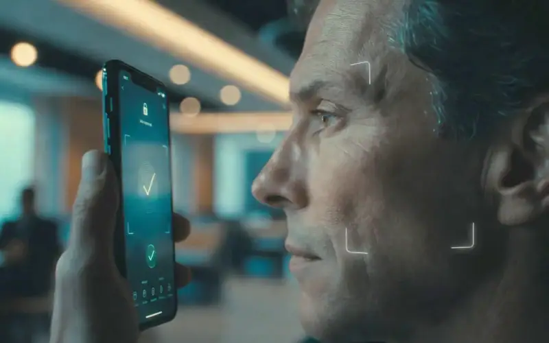 Sicurezza nei pagamenti digitali: perché l'autenticazione forte può diventare un vantaggio competitivo. Autenticazione senza password tramite riconoscimento facciale biometrico su smartphone in ambiente fintech.