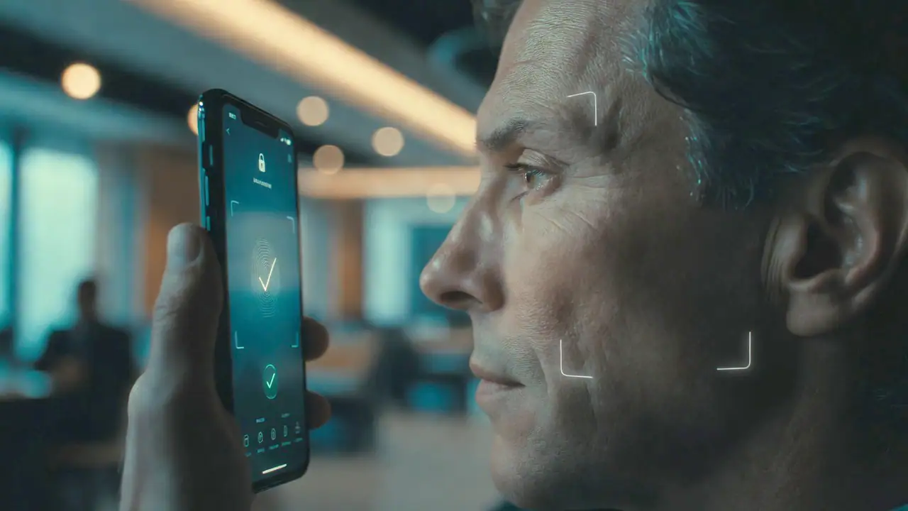 Autenticazione senza password tramite riconoscimento facciale biometrico su smartphone in ambiente fintech.
