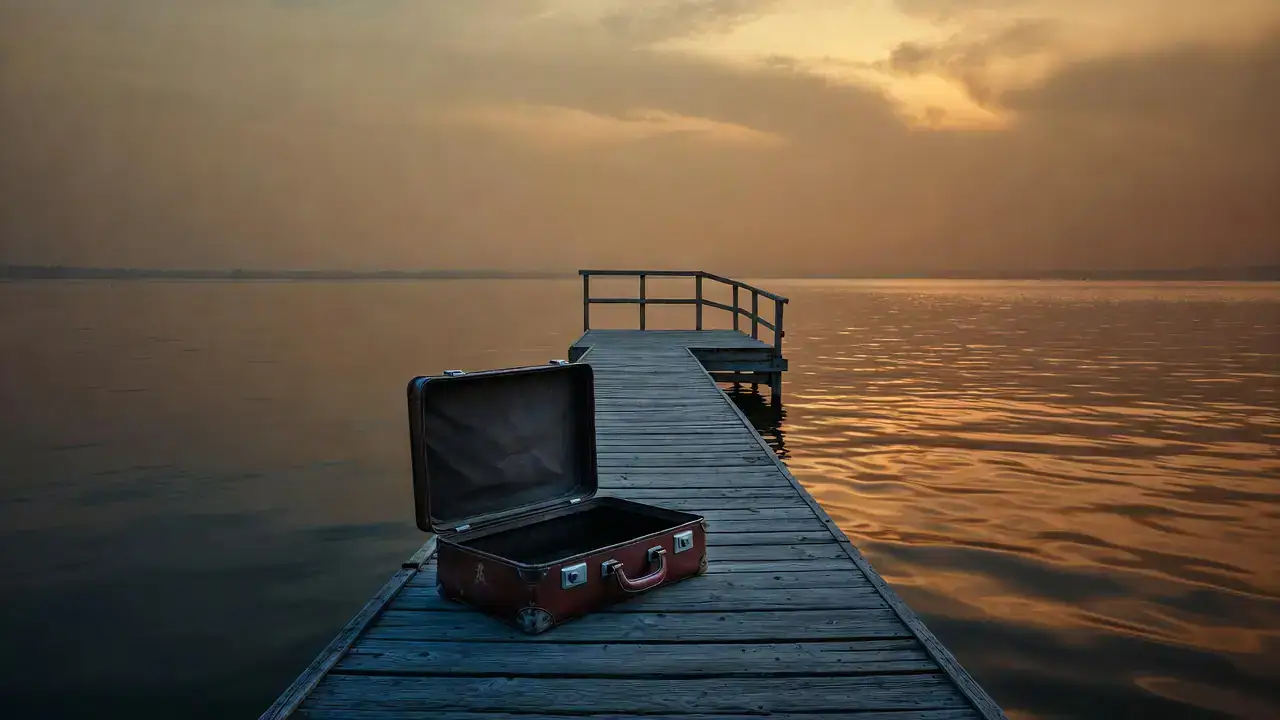 Pensione integrativa costi: valigia vuota abbandonata su un pontile al tramonto.