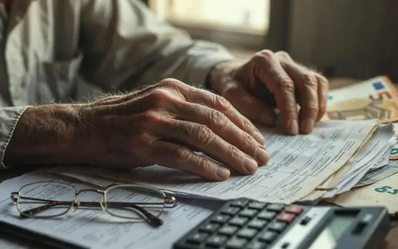 Pianificazione long term care: mani anziane su documenti finanziari e banconote euro,