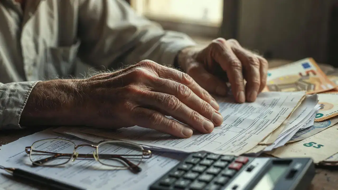 Pianificazione long term care: mani anziane su documenti finanziari e banconote euro,