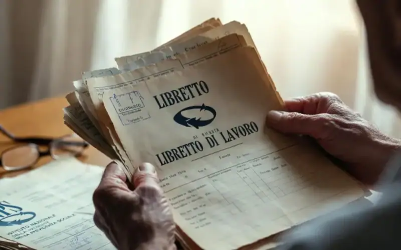Quei lavoretti estivi valgono davvero per la pensione?. Recuperare contributi lavoretti giovanili: mani anziane tengono libretto di lavoro vintage con documenti INPS