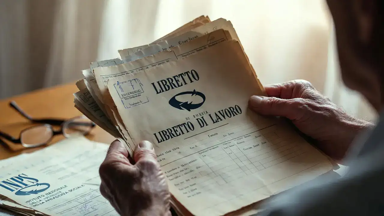 Quei lavoretti estivi valgono davvero per la pensione?. Recuperare contributi lavoretti giovanili: mani anziane tengono libretto di lavoro vintage con documenti INPS