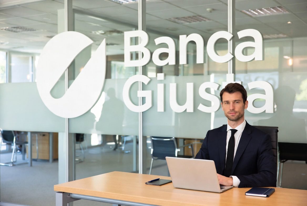 Scegliere la banca giusta: consulente bancario professionista in ufficio moderno con laptop,