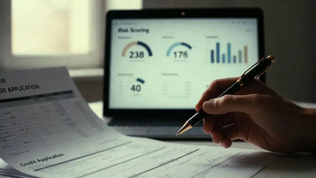 L'intelligenza artificiale decide già chi ottiene un finanziamento?. Scoring algoritmico finanziamenti PMI: mano con penna su domanda di credito, sullo sfondo dashboard di risk scoring su laptop.