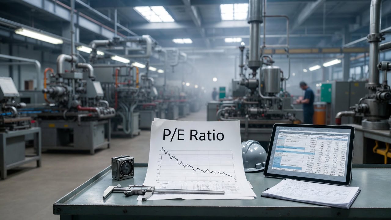 Perché Warren Buffett ha smesso di fidarsi del P/E (e dovreste farlo anche voi). superamento del P/E ratio: grafico stampato su tavolo industriale con macchinari produttivi sullo sfondo.