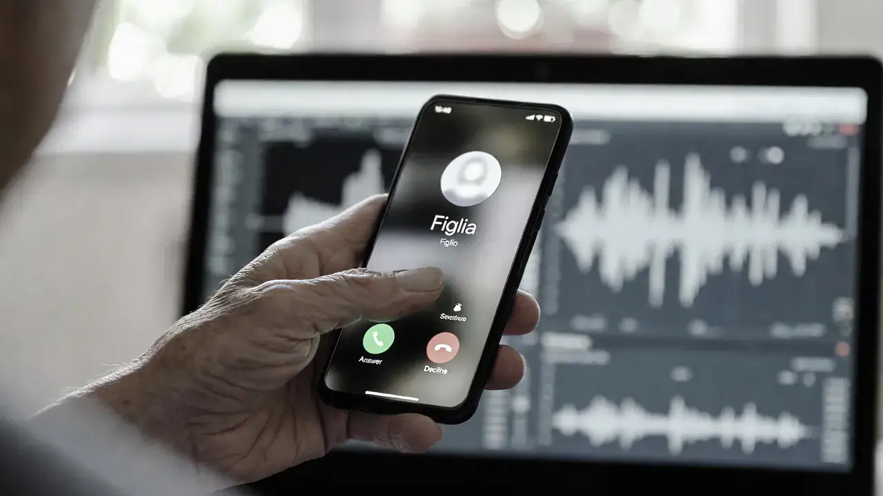 Truffa vocale AI: mano anziana risponde a chiamata da figlia con forme d'onda audio sullo sfondo