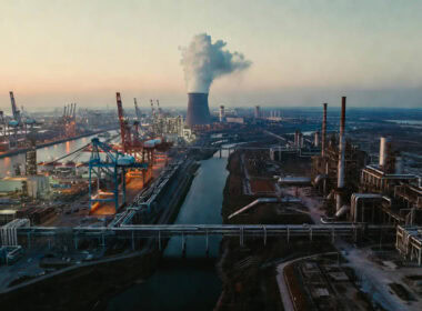 Competitività industriale e costo dell'energia: veduta aerea di un polo industriale con porto, gru, impianti petrolchimici e torre di raffreddamento nucleare al tramonto